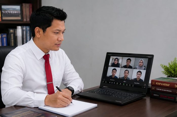 DR. HM. Asrori, S.H., M.H. mengajar hukum acara pidana secara daring bersama mahasiswa